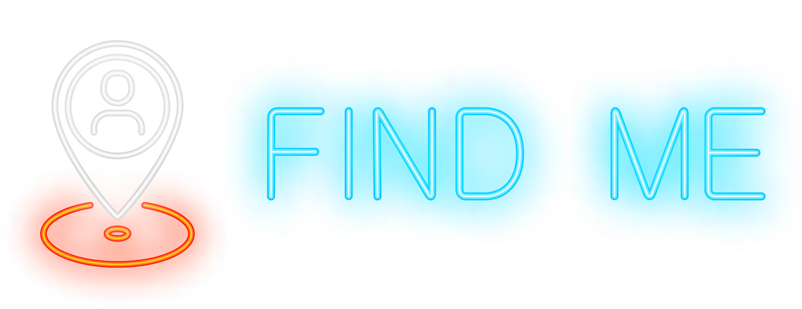 Find me neon sign. Glowing inscription with geotag on dark blue brick background. Can be used for internet, gps, navigation, chatting